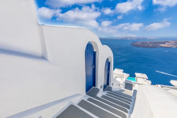 Amazing,Picturesque,Landscape,,Luxury,Travel,Vacation.,Oia,Town,Stairs,Over