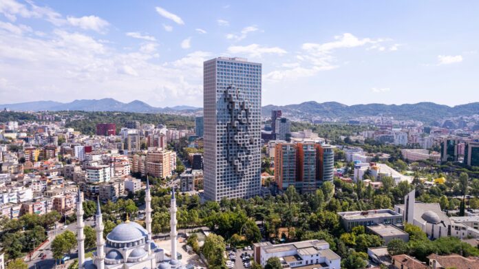 Aerial,View,Of,Tirana,,Albania.,Tirana's,City,Center,,Highlighting,Skanderbeg